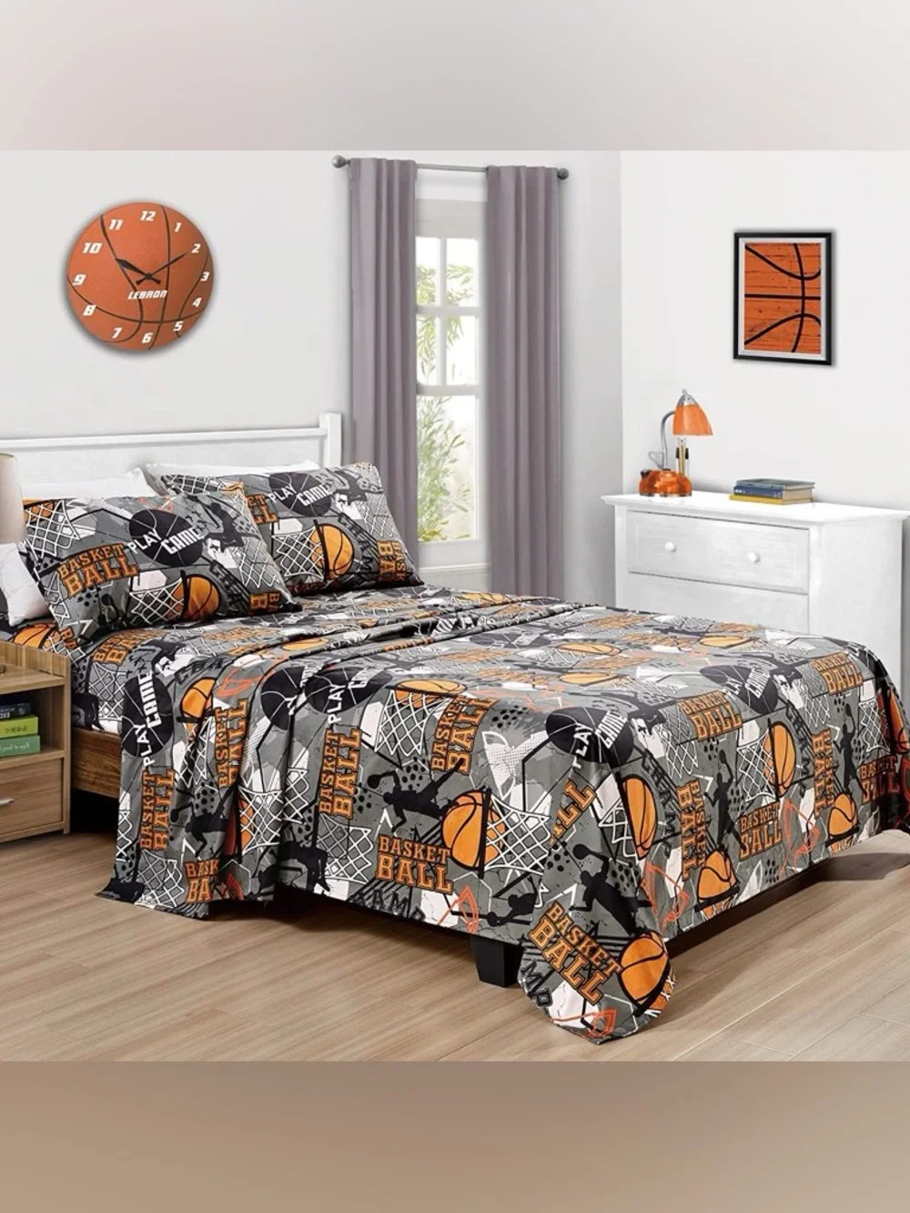 Basketball Print Bedding Twin XL sheet Set - Gray & Orange
